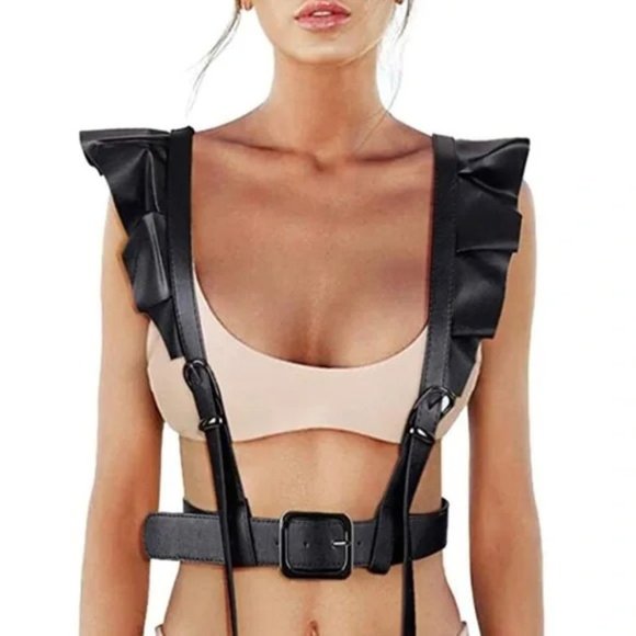 New  Harness Suspenders Leather Black - Picture 1 of 3